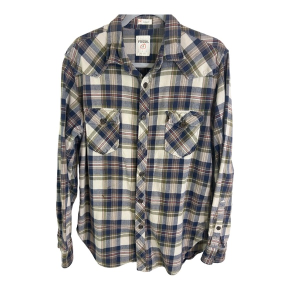 Fossil Shirt Mens Size Large Brown White Plaid Button Down Cotton A427 - Picture 3 of 6